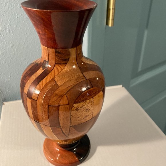 VTG Hand Turned Studio Marquetry Wooden Vase-7.25" H-Multicolored Patterns-VGUC - Picture 2 of 10